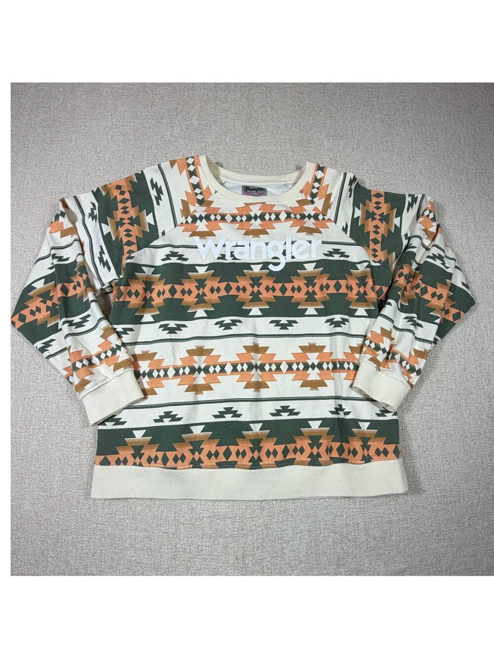 Wrangler Men XL White Green Western Print Long Sleeve Pullover Sweatshirt Casual